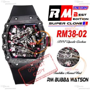 Bubba Watson 38-02 Manual Wind Real Tourbillon Mens Watch RMF TPT Quartz Carbon Black Skeleton Dial Red Markers Rubber Strap Super Edition Puretime Reloj Hombre PTRM