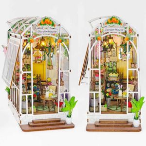 Doll House Accessories Diy Wooden Book Nook Shelf Insert Miniature Building Kits Flower Garden Room Bookshelf With Led Lights Bookends Friends Gifts Q240522