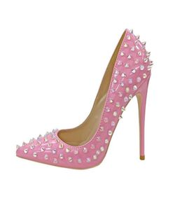 Fashion Pink Patent Leather Stiletto High Heels Shoes Sexig Rivet Party Bride Wedding 12cm Pointed Thin Heel Shallow Mouth Shoe Stu2758483