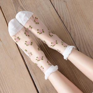 Женщины носки рюшит летние ультратонкие прозрачные хрустальные шелковые цветочные вышивки сладкие девушки Kawaii милый нейлон длинный