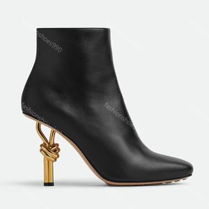 Ayak bileği botları lüks tasarımcı altın düğüm 90mm topuklu moda kadınlar ayakkabı klasik fermuar yüksek topuk seksi bayanlar tek parti düğün ayakkabı siyah beyaz kahverengi kutu 10a 35-43
