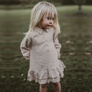 가을 어린이의 셔츠 칼라 긴 슬레이브 드레스 빈티지 더블 레이어 주름쪽 면화면과 린넨 풀오버 귀여운 아기 소녀 드레스 L2405