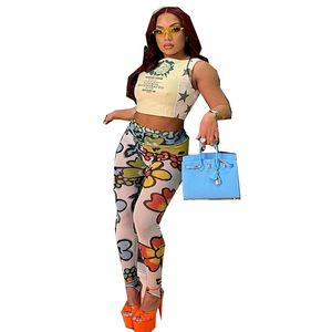 STYLISH LADY Floral Letter Printed Mesh 2 Piece Set Women Sleeveless Crop Top and Skinny Pant Suits 2024 Summer Elastic Outfits