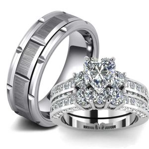 Parringar Fashion Par Ring Womens Heart Rhinestone Zirconia Ring Set Fashion Mens rostfritt stål Ring Vigselring smycken gåvor S2452301