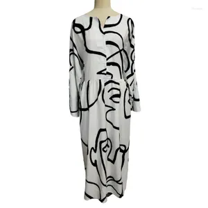 Casual Dresses Women V-Neck-knapp långärmad fest maxi femme mantel vestidos abstrakt ansikts tryck plus storlek vit klänning