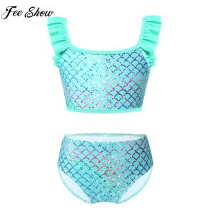 Buas de banho de duas peças femininas de roupas de banho e meninas 2pc Conjunto de biquíni Swimsuit Fish Scale Mermaid Swimsu (