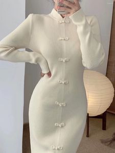 Casual Dresses Chinese Style Long Wool Sweater Maxi Dress Knitting Button Cheongsam Women Slim Straight Winter Robe C597