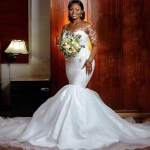 African Mermaid Wedding Bride sukienka 2204 Iluzja długie rękawy koraliki Kryształowe koronkowe hafty ślubne suknie ślubne mody vestido de noiva