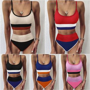 Women's Swimwear Striped Panel Sexy High Waist Bikini Vintage Print Ladies Split Swimsuit Fashion Girl Bathing Suit Women Cute