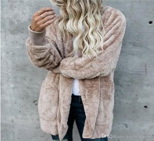 Womens Faux Fur Jackets Outerwear Winter Hooded Velvet Coats Pocket Design Loose Coats Women Clothing Warm Soft Outerwear Tops6704192