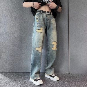 Designer tvättade jeans rakt löst tiggare jeans högkvalitativa rivna rippade hål arbete denim långa byxor casual jeans män kvinnor byxor hip hop sport jeans