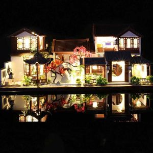 Doll House Accessories DIY wooden doll house mini furniture with LED light kit Chinese villa doll house assembly toy suitable for children Q240522