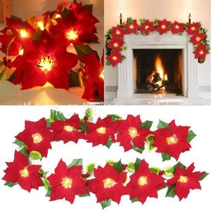 Decorative Flowers 2m Artificial Poinsettia Christmas Flower String With Lights Indoor Outdoor Decor LED Ornament For Xmas Tree