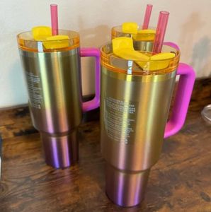 DHL Nya 40oz Cobrand Sunset Gradient Adventure Quencher H2.0 Tumbler Rostfria stålkoppar med silikonhandtag Lock Straw Neon White Pink Travel Car Mugs 0523