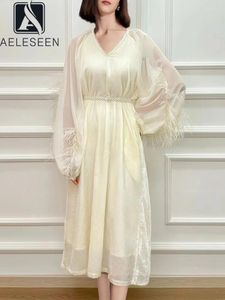 Casual Dresses AELESEEN Designer Fashion Beige Dress Women Spring Summer Lantern Sleeve Feathers Beading Pearls Elegant Midi Party Vacation