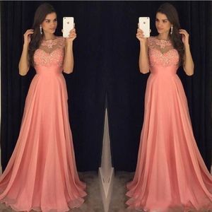 Cheap Sexy New Coral Pink Prom Dresses Jewel Neck Illusion Sleeveless Lace Appliques Beaded Chiffon Evening Dress Party Pageant Formal 238M
