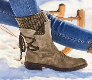 Kvinnor Snöstövlar Vintage Ladies Shoes Knitting Cross Shoes Suede Warm Sets Up Design Boots Low Heel Bekväma skor WJ001 Y200915968178