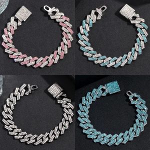 Fashion rosa blu rosa ghiacciato cristallo bracciale a catena di collegamenti cubani per donne braccialetti bling hip hop gioielli 240520