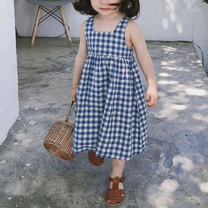 Ragazze abiti da scozzera blu coreano estate nuovo cotone e lino simpatico per bambini senza maniche brolletteri abiti L2405
