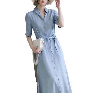 Women's clothing leak detection and age reduction lace up all day silk denim dress