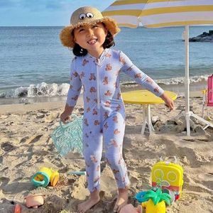 Kids Clothes Girls Swimwears Summer Cute Cartoon Bear Plaid Swimsuit with Hat 2023 New Korean Long Sleeve Children's Clothing L2405
