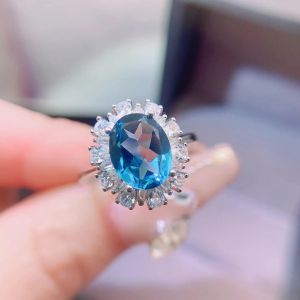 Classic Engagement Ring for Woman 8mmx10mm 2.5ct Natural Topaz Ring 925 Silver London Blue Topaz Jewelry with Gold Plated