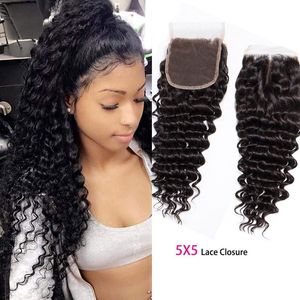 Malaysian Virgin Hair 5 By 5 Lace Closure Middle Three Free Part Deep Wave Curly Five By Five Top Closures Qtdel