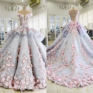 2022 Luxury Quinceanera Ball sukienki 3D kwiatowe koronkowe nakładanie rękawów Słodka 16 długości piętra Sheer Back Puffy Prezenta