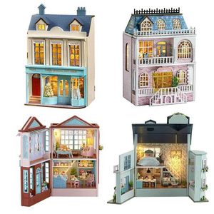 Doll House Accessories New Diy Wood Mini Building Kit Doll House Furniture Dessert Shop Casa Doll House Girls Handmade Toys Christmas Gifts Q0522