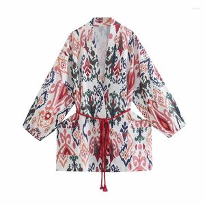 Kvinnors polos kvinnor mode med bältet tryckt wrap kimono blusar vintage långärmad kvinnlig lös skjortor chic toppar CA012