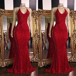 Blowly Red Sequinssexy V Neck Backless Sukienki balowe 2019 Mermaid Long Furns Low Back Arabic Party Dress BC1085 271N