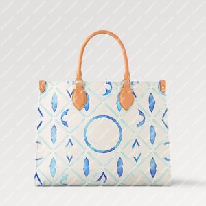 Explosion new Women's bags M11262 Pre Order Now OnTh eGo MM Tote Bag Lagoon Blue totes handbags canvas watercolour shoulder cowhide four riveted corner tabs roomy bag