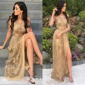 Seksowne złote iluzoryczne Błęgi długie sukienki balowe 2018 Wysokie szyi Sheerowe długie rękawy Side Split Suknie wieczorowe Vintage arabski moda