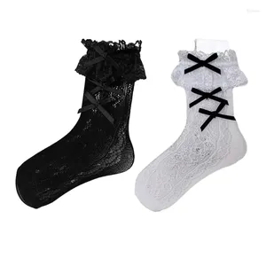 Women Socks Elegant Hollowed Flower Lace Ruffle Middle Tube Ankle With Bowknot