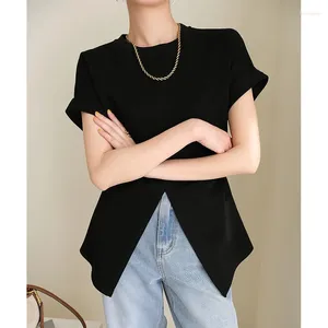 Koszulki kobiet francuskie czarne szczupły T-slit T-shirt Summer Modna talia krótkoczepowe wszechstronne Top Office Lady O-Neck TEES