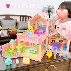 Docka hus tillbehör barns lyx DIY -församling Big Villa Family Toy Girl Princess Castle House Assembly Doll House 6 år gammal Q240522