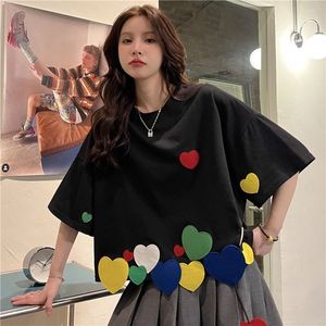 Colorful Love Applique Short T-shirts Women Summer 2024 Summer New Arrived Design O-neck Short-sleeved Niche Tops Korean Style Fashion Versatile Casual Tees Female