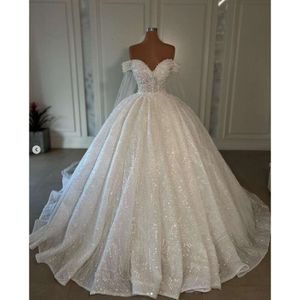 Princesa brilhante fora do ombro vestido de bola no noivo com véu Vestidos de noiva de miçangas 2024 lantejoulas Sweetheart Vestido de Novi 0523