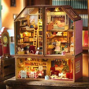 Doll House Accessories DIY Rabbit Town Mini Casa Wooden Doll Houses Minor Building Kits with Furniture Light Dollhouse Toy for Girls Birthday Gifts Q240522