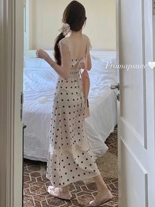 Holiday Dress Women Classic Polka Dot Print Long Dresses Summer Elegant Sleeveless Lace Patchwork Slim Party Prom Dress 240523