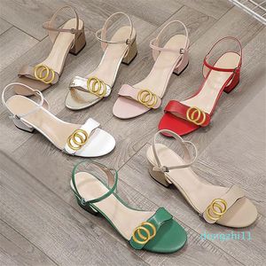 15a Classic High Heeled Sandals Party Fashion 100% Leather Women Work Shoe Designer Sexiga klackar 5cm Lady Metal Belt Buckle Thick Heel Woman Shoes Stor storlek 34-41-42