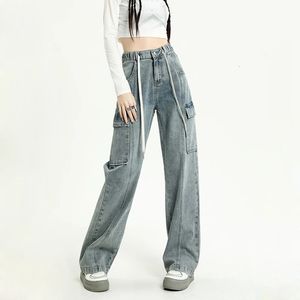 Spring Vintage Jeans Womens Elastic Taille Mode Straight Draw String Baggy Y2k Cargo Hosen Streetwear 240523