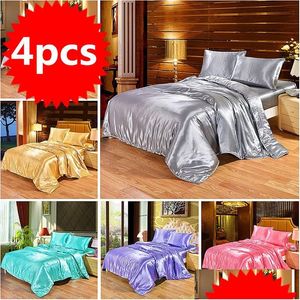 Sängkläder sätter 4st Luxury Silk Set Satin Queen King Size Bed Comporter Quilt Daket Er Linens med örngott och ark 201102 Drop Del OTF2P
