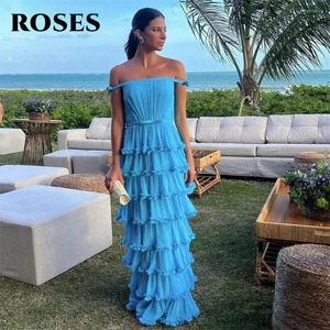 Abiti per feste rose a strati a più livelli blu blu dalla spalla affascinante con cintura beach vestidos de noche