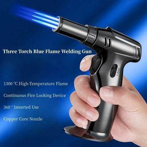 Lighters New type of metal windproof turbine flashlight with direct brush blue flame butane gas lamp outdoor camping kitchen barbecue welding gun Q240522