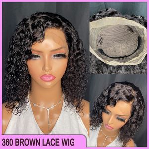 Vonder Price Brazilian Peruian Indian100％RAW VRIGIN HUMAN HAIR 10 INCH BLACK DEEPWAVE 360 BROWN LACE FRONTAL WIG