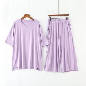 Плюс размер 7xl 150 кг женщин модальные пижамные наборы весна летние топы с коротким рукавом и брюки с теленкой Женщины мягкая одежда для сна 240516