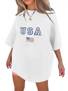 Women's T Shirts Women 4th Of July T-Shirt USA Flag Print Short Sleeve Tunic Tops Round Neck Loose Tee Oversized Longline