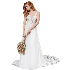 Chiffon Bohemian 2024 Wedding Dresses Lace Appliques Spaghetti Sleeveless Long Beach Bridal Gowns Sexy Backless Boho Bride Dress Summer Vestido