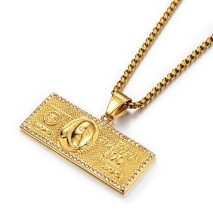 US 100 Dollar Money Necklaces Pendants Male 14K Gold Chain For Men Rhinestone Hip Hop Bling Jewelry Collier